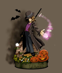  1boy bat bowler_hat brown_hair card gambit glowing halloween hat hat_over_one_eye jack-o&#039;-lantern male male_focus marvel red_eyes solo staff stand trench_coat x-men 