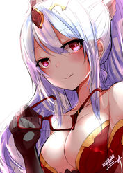  breasts cleavage commentary_request elbow_gloves female glasses gloves holding holding_removed_eyewear khibiki large_breasts photoshop_(medium) puzzle_&amp;_dragons red_eyes signature silver_hair simple_background solo unworn_eyewear upper_body urd_(p&amp;d) white_background 