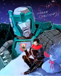  1980s_(style) 2boys ^_^ autobot black_hair blue_eyes character_request christmas closed_eyes commentary_request gift gloves glowing glowing_eyes happy height_difference insignia kup_(transformers) mecha merry_christmas multiple_boys open_mouth retro_artstyle robot sack short_hair smile snow snow_globe snowflakes snowing standing toriko_(hogetara) transformers transformers:_generation_1 upper_body 