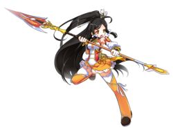  :o absurdres ara_haan black_hair detached_sleeves elsword eyeshadow female fox_hair_ornament full_body hair_ornament hair_stick half_updo high_ponytail highres holding holding_polearm holding_weapon little_xia_(elsword) long_hair looking_to_the_side makeup official_art open_mouth orange_eyes orange_skirt orange_thighhighs polearm ponytail sando_(dukedevil) skirt solo spear standing standing_on_one_leg tassel thighhighs transparent_background weapon wide_ponytail zettai_ryouiki 