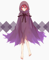  akki_(shin_sekai_yori) androgynous bad_id bad_pixiv_id barefoot blue_eyes cloak commentary_request female full_body hair_between_eyes highres jiman looking_at_viewer photoshop_(medium) red_hair shin_sekai_yori simple_background solo 