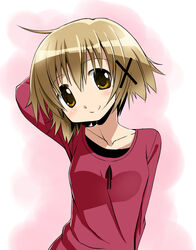  arm_behind_head bad_id bad_pixiv_id brown_eyes brown_hair commentary_request female hair_ornament hairclip head_tilt hidamari_sketch highres looking_at_viewer percy_pyl short_hair smile solo x_hair_ornament yuno_(hidamari_sketch) 