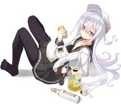  alcohol beer beer_can belt black_pantyhose blush bottle can collarbone commentary_request drink_can drunk female grey_eyes hat hibiki_(kancolle) hibiki_(whisky) kantai_collection long_hair long_sleeves mochiki name_connection object_namesake open_belt pantyhose pleated_skirt shirt sitting skirt solo stolichnaya_(vodka) suntory verniy_(kancolle) very_long_hair vodka whiskey white_hair yebisu 