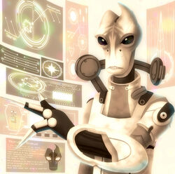  1boy alien commentary_request fewer_digits holographic_interface holographic_monitor holographic_touchscreen kudamono_gumi male_focus mass_effect_(series) mass_effect_2 mordin_solus photoshop_(medium) salarian scar science_fiction sepia solid_eyes solo 