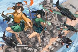  2girls a7m_reppuu aircraft airplane anti-aircraft_gun arrow_(projectile) battleship bow_(weapon) brown_eyes brown_hair cannon commentary d3a dive_bomber doraxi drawing_bow geta green_eyes headband highres hiryuu_(kancolle) holding holding_bow_(weapon) holding_weapon japanese_clothes kantai_collection ladder military military_vehicle multiple_girls ocean photoshop_(medium) propeller quiver railing range_finder rigging ship short_hair smile smokestack souryuu_(kancolle) symmetrical_pose tabi torpedo_bomber turret type_99_dive_bomber warship watercraft waves weapon wide_sleeves yamato_(battleship) 