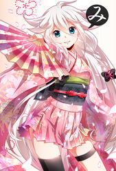  blue_eyes braid commentary_request cowboy_shot female floral_print hair_between_eyes hand_fan happy_new_year ia_(vocaloid) iroha_karuta japanese_clothes karuta_(card_game) kimono long_hair looking_at_viewer nengajou new_year obi paper_fan sakuramon sash single_thighhigh smile solo thigh_strap thighhighs tsujiori twin_braids uchiwa very_long_hair vocaloid white_hair 