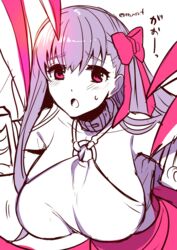  artist_name bad_id bad_pixiv_id blush bow breasts claws commentary_request fate/extra fate/extra_ccc fate/grand_order fate_(series) female hair_ribbon hairbow large_breasts light limited_palette long_hair o-ring o-ring_top open_mouth passionlip_(fate) passionlip_(third_ascension)_(fate) pink_bow pink_ribbon ribbon sentaku_nori solo sweat upper_body white_background 