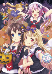  4girls ahoge black_hair blonde_hair blue_eyes braid candy commentary_request fairy_(kancolle) food hair_flaps hair_ornament hair_ribbon hairclip halloween harusame_(kancolle) jack-o&#039;-lantern kantai_collection long_hair looking_at_viewer mitsucho multiple_girls one_eye_closed photoshop_(medium) pink_eyes pink_hair pumpkin red_eyes ribbon school_uniform serafuku shigure_(kancolle) shigure_kai_ni_(kancolle) side_ponytail single_braid yuudachi_(kancolle) yuudachi_kai_ni_(kancolle) 