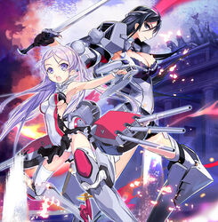  2girls :o armor armpits bare_shoulders battleship battleship_girl bismarck_(battleship) black_eyes black_hair bodysuit breasts bsg_~hokkai_no_valkyrie~ cleavage commentary_request cover cover_page covered_navel gloves large_breasts long_hair mecha_musume medal military military_vehicle multiple_girls open_mouth panties personification photoshop_(medium) purple_eyes purple_hair scharnhorst_(battleship_girl) ship sword thighhighs torn_clothes turret twintails underwear warship watercraft weapon white_legwear white_panties world_war_ii zeco 