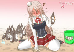  @_@ blush bottle breasts bucket commentary_request drunk female hair_between_eyes hat highres holding holding_bottle kantai_collection long_hair long_sleeves medium_breasts mini_hat moritaku0708 open_mouth pola_(kancolle) sitting skirt solo sweatdrop thighhighs tilted_headwear wariza wavy_hair white_thighhighs 