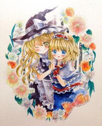  2girls alice_margatroid apron arm_around_shoulder black_dress blonde_hair blue_eyes blush bow capelet commentary_request dress flower hairband hat holding_hands kirisame_marisa multiple_girls niko_(2ars) one_eye_closed open_mouth painting_(medium) puffy_short_sleeves puffy_sleeves ribbon short_sleeves smile touhou traditional_media watercolor_(medium) witch_hat wrist_cuffs yellow_eyes 