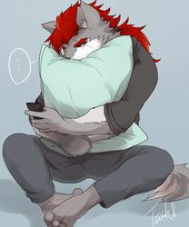  2017 anthro barefoot bottomwear canid canine canis clothed clothing countershade_arms countershading crosslegged_pose digital_media_(artwork) electronics feet fully_clothed fur grey_body hair hi_res holding_object holding_phone hug hugging_object hugging_pillow kemono looking_at_object looking_at_phone male mammal pants phone pillow ponytail red_eyes red_hair signature simple_background solo tach8 wolf 