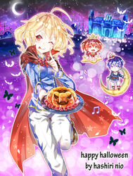  3girls ahoge akuma_no_riddle apple azuma_tokaku bad_id bad_pixiv_id bat_(animal) blonde_hair blue_eyes blue_hair bow bowtie bug butterfly castle character_name clothes crown dress food fruit halloween halloween_costume happy_halloween hashiri_nio ichinose_haru jack-o&#039;-lantern lutecia_syndrome moon multiple_girls one_eye_closed open_mouth princess pumpkin red_eyes red_hair short_hair star_(symbol) tiara 