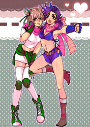  2girls ascot bikini bikini_top_only blue_eyes blue_hair boots breasts caesar_anthonio_zeppeli cleavage commentary_request crop_top fingerless_gloves genderswap_(mtf) gloves green_eyes hair_ribbon headband high_heel_boots high_heels jojo_no_kimyou_na_bouken joseph_joestar joseph_joestar_(young) knee_boots knee_pads long_hair medium_breasts midriff multiple_girls ribbon rule_63 shoes swimsuit thighhighs torihuhu white_legwear zettai_ryouiki 