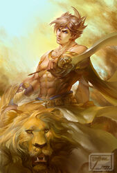  1boy abs animal blonde_hair blue_eyes circlet commentary_request highres lars_alexandersson lion lips male_focus manly muscular nose photoshop_(medium) riding scar scar_across_eye scar_on_face solo spiked_hair sword tekken topless_male tribal ultramarine weapon 