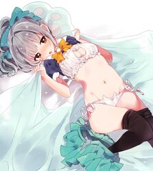  :o alternate_costume alternate_legwear aqua_bow aqua_skirt bad_id bad_pixiv_id bell black_thighhighs blanket blanket_grab blush bow bowtie breasts brown_eyes cat_cutout cat_ear_panties cat_lingerie choker cleavage cleavage_cutout clothes_lift clothing_cutout eyebrows female frills grey_hair groin hairbow jingle_bell kantai_collection long_hair looking_to_the_side lying medium_breasts meme_attire natsumi_(natumi06) navel neck_bell on_back orange_bow orange_bowtie panties paw_print pillow pleated_skirt ponytail shirt_lift short_sleeves side-tie_panties skirt skirt_around_one_leg solo stomach thighhighs underwear unzipped white_panties yuubari_(kancolle) 