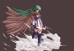  amder aruka_schild bad_id bad_pixiv_id cape female fire green_hair long_hair looking_back needless solo yellow_eyes 