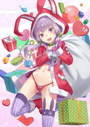  :d animal_ear_legwear animal_hood blush boots bow bow_panties box candy candy_cane christmas coat collarbone commentary_request doonatsu. female food fur-trimmed_boots fur-trimmed_coat fur_trim gift gift_box gloves green_bow hairbow head_tilt highleg highleg_panties highres holding holding_sack hood hood_up hooded_coat long_hair long_sleeves looking_at_viewer navel open_clothes open_coat open_mouth panties pink_gloves pink_panties pinstripe_pattern polka_dot purple_eyes purple_hair purple_thighhighs rabbit_ear_legwear rabbit_hood red_coat red_footwear sack santa_boots santa_costume short_hair_with_long_locks side-tie_panties smile solo standing standing_on_one_leg star_(symbol) striped_clothes striped_thighhighs teeth thighhighs underwear upper_teeth_only vertical-striped_clothes vertical-striped_thighhighs vocaloid voiceroid yuzuki_yukari 