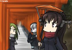  3girls abyssal_ship alternate_costume brown_eyes brown_hair chibi coat commentary crescent crescent_hair_ornament dated fushimi_inari_taisha green_eyes green_hair hair_ornament hamu_koutarou headgear kantai_collection long_hair multiple_girls multiple_torii nagatsuki_(kancolle) oil-paper_umbrella overcoat pale_skin peeking_out ponytail purple_eyes radar re-class_battleship scarf smile torii umbrella very_long_hair white_hair yamato_(kancolle) 