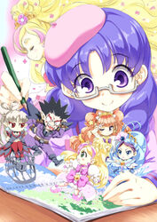  1boy 6+girls akagi_towa albino amanogawa_kirara angry beret black_footwear black_hair blonde_hair blue_hair boots bow brown_hair cage chibi close_(go!_princess_precure) commentary_request cure_flora cure_mermaid cure_twinkle dual_persona earrings glasses go!_princess_precure haruno_haruka hat jewelry kaidou_minami long_hair magical_girl multicolored_hair multiple_girls nanase_yui naruse_yasuhiro one_eye_closed pants pantyhose pink_bow pink_hair pink_hat precure purple_eyes purple_hair purple_pants purple_shirt red_eyes red_legwear shirt shoes sitting skirt smile spiked_hair streaked_hair twilight_(go!_princess_precure) two-tone_hair v white_footwear white_hair 