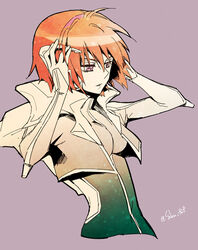  bad_id bad_pixiv_id bodysuit breasts canon_memphis clothing_cutout female hairband headgear medium_breasts parted_lips pilot_suit purple_eyes red_hair sakuhiroh short_hair side_cutout solo soukyuu_no_fafner synergetic_suit twitter_username upper_body 