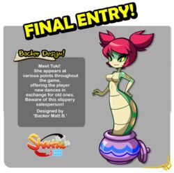  blue_eyes colored_sclera colored_skin english_text female green_skin hand_on_own_hip kickstarter lamia monster_girl official_art pot red_hair shantae:_half-genie_hero shantae_(series) short_twintails slit_pupils solo text_focus tuki_(shantae) twintails yellow_sclera 