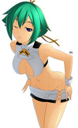  absurdres aquarion_(series) aquarion_evol blue_eyes breasts cleavage clothes_pull commentary_request female green_hair groin hair_ribbon hell_machina highres looking_at_viewer navel one_eye_closed photoshop_(medium) ribbon shirt short_hair short_shorts shorts shorts_pull signature simple_background solo tongue tongue_out white_background white_shirt yellow_ribbon zessica_wong 