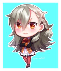  artist_name bad_id bad_pixiv_id black_footwear blue_background blush braid brown_eyes chibi commentary_request crossed_arms fate/grand_order fate_(series) female grey_hair hair_between_eyes high_heels long_hair long_sleeves looking_at_viewer olga_marie_animusphere pantyhose sentaku_nori skirt smile solo 