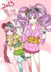  2girls blush braid braided_hair breasts cardfight!!_vanguard cleavage curly_hair eyepatch flower forerunner_battle_maiden_laurel frontline_valkyrie_laurel japanese_clothes kimono long_hair maiden_of_trailing_rose multiple_girls neo_nectar pink_hair pointy_ears poiny_ears purple_hair red_eyes rose thighhighs yukata 