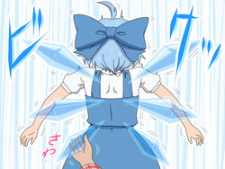  back blue_hair bow cirno commentary_request dress female grabbing_another&#039;s_wing hairbow ice ice_wings shirosato short_hair touhou trembling uncommon_stimulation wingjob wings 