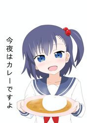  asymmetrical_bangs blue_eyes blue_hair blush commentary_request curry female food gobanme_no_mayoi_neko highres looking_at_viewer one_side_up ooya-san_wa_shishunki open_mouth satonaka_chie_(ooya-san_wa_shishunki) school_uniform serafuku short_hair smile solo translated upper_body 