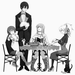  3girls amber_(darker_than_black) bare_legs boots bow bowtie braid commentary_request darker_than_black eating feline food greyscale hei_(darker_than_black) highres mao_(darker_than_black) monochrome multiple_girls pantyhose ponytail sitting suou_pavlichenko time_paradox tuxedo velzhe yin_(darker_than_black) 