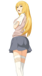  blonde_hair commentary_request crossed_arms disdain elbow_gloves female from_behind from_below gloves highres jack-barro long_hair looking_at_viewer looking_back open_mouth pleated_skirt school_uniform shokuhou_misaki short_sleeves simple_background skirt solo sparkling_eyes spider_web_print standing summer_uniform sweater_vest symbol-shaped_pupils thighhighs toaru_kagaku_no_railgun toaru_majutsu_no_index tokiwadai_school_uniform white_background white_gloves white_thighhighs yellow_eyes zettai_ryouiki 