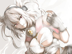  beckoning between_breasts breasts budget_sarashi chest_sarashi commentary dark-skinned_female dark_skin dutch_angle female fingerless_gloves glasses gloves grey_background hairband kantai_collection large_breasts looking_at_viewer morodashi musashi_(kancolle) parted_lips red_eyes rimless_eyewear sarashi short_hair solo upper_body white_hair 