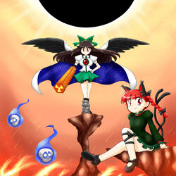  2girls animal_ears arm_cannon asymmetrical_footwear bird_wings black_hair black_socks bow braid breasts cape cat_ears cat_tail commentary_request dress extra_ears fire flaming_skull footwear_bow green_bow green_skirt hairbow hand_on_own_hip highres juliet_sleeves kaenbyou_rin knee_up kneehighs large_breasts ledge leg_ribbon long_hair long_sleeves looking_at_viewer mary_janes mismatched_footwear multiple_girls multiple_tails nekomata nitamago outstretched_leg puffy_short_sleeves puffy_sleeves radiation_symbol red_background red_eyes reiuji_utsuho ribbon shoes short_sleeves skirt smile socks standing star_(symbol) star_print sun tail third_eye touhou twin_braids weapon wings 