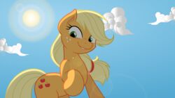  16:9 2012 applejack_(mlp) blonde_hair cloud cutie_mark equid equine female feral freckles friendship_is_magic green_eyes hair hasbro hi_res horse joey-darkmeat looking_at_viewer mamandil mammal my_little_pony outside pony sky skyscape solo sun widescreen 