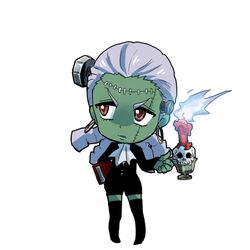  alternate_costume ascot book candle chibi colored_skin commentary_request dreadlocks earrings female frankenstein&#039;s_monster green_skin halloween hououmaru_rei jewelry kill_la_kill skull solo stitches uri_(uryu002) 