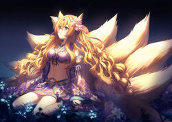  alternate_costume animal_ears blonde_hair breasts commentary detached_sleeves facial_mark field flower flower_field forehead_mark fox_ears fox_tail full_body hair_flower hair_ornament jewelry kawaii_nihongo long_hair medium_breasts midriff multiple_tails navel necklace night night_sky promotional_art riko_(kawaii_nihongo) rosuuri sitting sky solo tail very_long_hair wariza watermark wavy_hair web_address wide_sleeves 