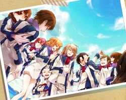  5boys 5girls :d ^_^ belt black_hair braid brother_and_sister brown_eyes brown_hair canon_memphis closed_eyes cloud commentary_request cropped_jacket day douma_hiroto everyone happy helmet ichiko_milk_tei jacket kaname_sakura kondou_kenji long_hair long_sleeves makabe_kazuki minashiro_soushi multiple_boys multiple_girls nishio_akira nishio_rina ocean open_mouth orange_hair own_hands_together pants photo_(object) red_hair scar short_hair siblings skirt sky smile soukyuu_no_fafner tatekami_seri tears toomi_maya twin_braids twins uniform unworn_headwear unworn_helmet water wiping_tears 