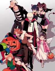  4boys 5girls amagi_yukiko angel_wings animal_ears black_hair blonde_hair blue_hair brown_hair candy cat_ears cat_tail commentary cosplay demon_horns demon_tail doujima_nanako everyone fake_halo food frankenstein&#039;s_monster frankenstein&#039;s_monster_(cosplay) grey_hair halloween halloween_costume halo hanamura_yousuke hat horns jack-o&#039;-lantern kujikawa_rise kuma_(persona_4) lollipop long_hair multiple_boys multiple_girls narukami_yuu persona persona_4 persona_4_the_golden pumpkin ribbon saeuchobab satonaka_chie shirogane_naoto short_hair smile stitches tail tatsumi_kanji thighhighs trick_or_treat vampire vampire_costume wings witch_hat wolf_ears wolf_tail 