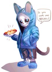  1boy animal_ears black_sclera blue_eyes cat_ears cat_tail chromatic_aberration english fake_animal_ears full_body grin hand_in_pocket highres hood hoodie hot_dog keemoringo looking_at_viewer pants paw_shoes sans shoes simple_background skeleton smile speech_bubble tail text undertale white_background 