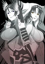  2girls armor artist_name back-to-back bad_id bad_pixiv_id blue_eyes bodysuit breasts commentary_request facial_mark fate/grand_order fate_(series) forehead_mark from_side horns japanese_armor kote large_breasts long_hair looking_at_viewer minamoto_no_raikou_(fate) monochrome multiple_girls open_mouth sentaku_nori sessyoin_kiara smile spot_color suneate veil yellow_eyes 