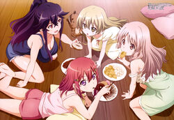  4girls :o absurdres all_fours alternate_hairstyle barefoot blue_hair breasts brown_eyes brown_hair casual cleavage doughnut eating feet food hair_down hair_ornament hairclip highres himeki_chifuyu inou-battle_wa_nichijou-kei_no_naka_de ishida_kazumasa kanzaki_tomoyo kneeling kushikawa_hatoko large_breasts legs lissun_(inou-battle) long_hair looking_at_viewer lying medium_breasts megami_magazine mouth_hold multiple_girls nightgown non-web_source official_art on_stomach pillow pink_eyes pocky ponytail red_hair shorts sideboob star_(symbol) star_hair_ornament strap_slip stuffed_animal stuffed_toy takanashi_sayumi tank_top thighs 