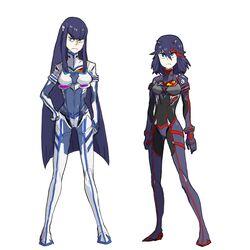  2girls adapted_costume black_hair bodysuit commentary_request cosplay creator_connection junketsu kill_la_kill kiryuuin_satsuki long_hair matoi_ryuuko multiple_girls neon_genesis_evangelion plugsuit senketsu short_hair siblings sisters uri_(uryu002) very_long_hair white_background 