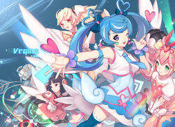  5girls bad_id bad_pixiv_id black_hair blonde_hair blue_angel_(yu-gi-oh!) blue_hair card commentary_request duel_monster earrings ennn facial_mark fairy_wings green_eyes jewelry multiple_girls photoshop_(medium) trickstar_candina trickstar_holly_angel trickstar_lilybell trickstar_lycoris twintails wings yu-gi-oh! yu-gi-oh!_vrains zaizen_aoi 