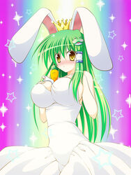  :o =_= ac_japan animal_ears arigato_usagi arigato_usagi_(cosplay) between_breasts blush breast_suppress breasts carrot cleavage commentary_request cosplay crown dress female frog green_hair hair_ornament hair_tubes heaven_condition huge_breasts kochiya_sanae long_hair nose_blush osashin_(osada) photoshop_(medium) rabbit_ears sideboob snake solo star_(symbol) touhou yellow_eyes 