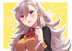  !? artist_name bad_id bad_pixiv_id blush braid brown_eyes commentary_request fate/grand_order fate_(series) female frilled_sleeves frills grey_hair hair_between_eyes long_hair long_sleeves looking_at_viewer olga_marie_animusphere open_mouth sentaku_nori solo spoken_interrobang sweat translation_request upper_body yellow_background 