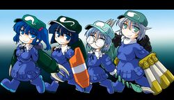  4girls arm_cannon back backpack bag blue_eyes blue_hair blush boots breasts claws commentary_request cosplay dark_haired_kappa glasses glasses_kappa green_eyes grey_hair gundam gundam_0080 gundam_unicorn gundam_zz hat hygogg jetpack juaggu kapool kappa_mob_(touhou) kawashiro_nitori kieyza long_hair medium_breasts missile mobile_suit_gundam multiple_girls short_hair skirt smile touhou turn_a_gundam two_side_up weapon z&#039;gok 