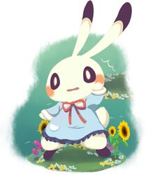  accident ambiguous_gender anthro clothed clothing dress flower fur jumping_rabbit lagomorph lake leporid looking_at_viewer mammal mei_(artist) outside plant rabbit ribbons solo tsukitate uniform white_body white_fur 