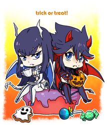  2girls black_hair blue_eyes candy chibi commentary_request cookie cup demon_girl demon_tail demon_wings eating food halloween horns junketsu kill_la_kill kiryuuin_satsuki long_hair matoi_ryuuko multicolored_hair multiple_girls oerba_yun_fang puffy_cheeks red_hair senketsu short_hair sitting tail teacup thick_eyebrows two-tone_hair uri_(uryu002) wings 